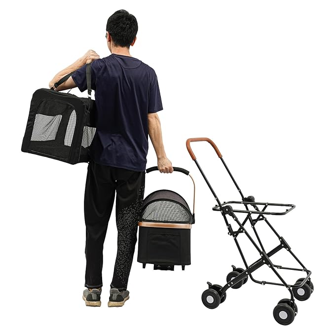 Foldable Pet Stroller for Small &amp; Medium Dogs, Double Dog &amp; Cat Stroller with 3-in-1 Travel System, Detachable Pet Carrier with Wheels for Cats and Dogs up to 77 lbs, Black