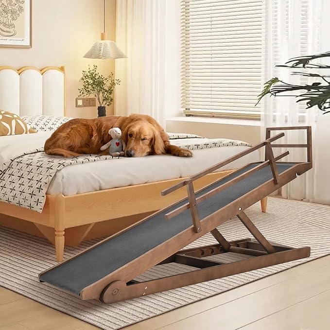 Dog Ramp, 5 Level Adjustable Height Folding Pet Ramp for High Bed, Portable Paw Ramps Large Bed Ramp for Medium &amp; Large Old Dogs &amp; Cats - Natural Wood Furniture Quality