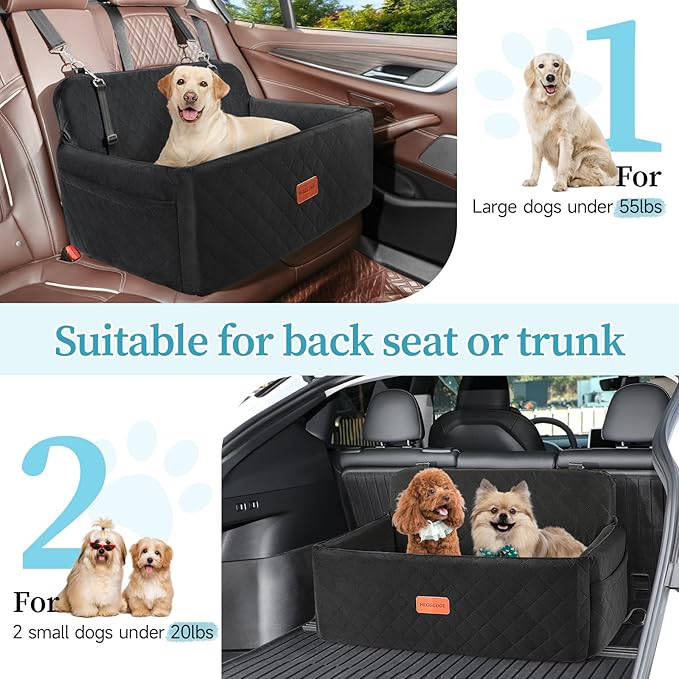 Dog Car Seat for Medium/Large Dogs, Pet Booster Seat for Under 55 lbs or 2 Small Dogs, Detachable &amp; Washable Dog Car Bed for Backseat with 2 Safety Leashes(Black)