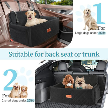 Dog Car Seat for Medium/Large Dogs, Pet Booster Seat for Under 55 lbs or 2 Small Dogs, Detachable &amp; Washable Dog Car Bed for Backseat with 2 Safety Leashes(Black)