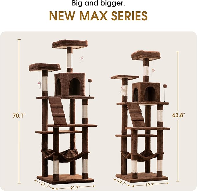 MWPO 70.1-Inch Large Cat Tree, Multi-Level Tall Cat Tower for Indoor Cats, Plush Cat Condo with Big Padded Perches, Sisal-Covered Scratching Posts, Hammock, Toys for Kittens &amp; Cats - Brown