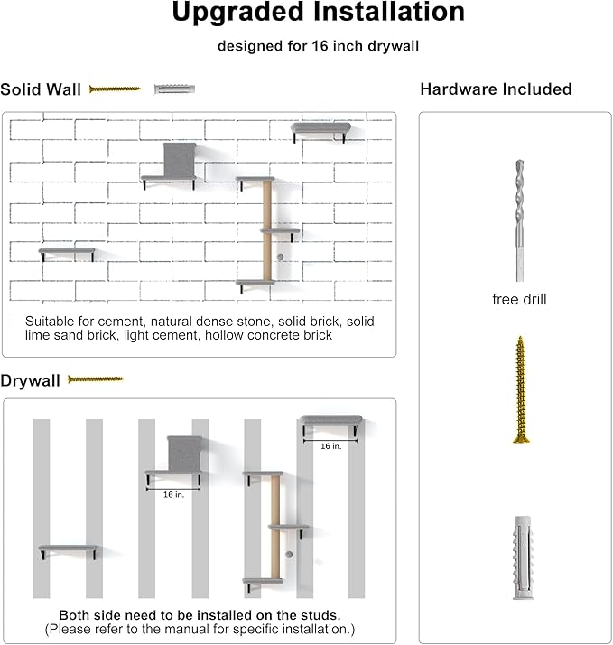FUKUMARU Cat Wall Shelves, Stable &amp; Safe 4 in 1 Cat Furniture Set, Wooden Climbing Wall with Scratching Post for 16 Inch Drywall - Light Gray