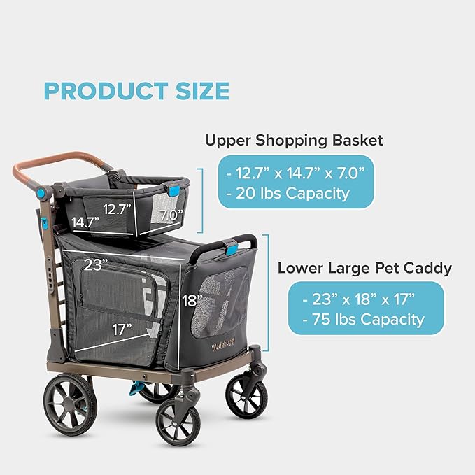 Pet XL Foldable Cart - Adjustable &amp; Portable Pet Stroller with Caddy, Shopping Basket, Foam Filled Rubber Wheels &amp; Storage - Carriage for Small &amp; Medium Dogs, Cats Under 75 lbs