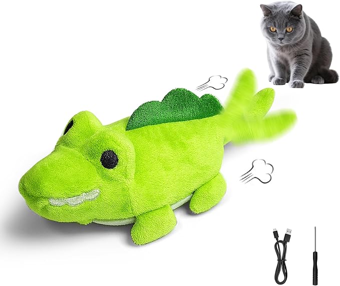 Interactive Cat Toys for Indoor Cats - Automatic Moving Cat Chase Toy for Bored Indoor Adult Cats - 360° Random Movement, Tail Wagging &amp; Catnip Stimulation - Electric Croc(Short Plush)
