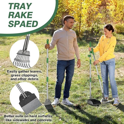 Pooper Scooper, Long Handle Dog Pooper Scooper, Heavy Duty Stainless Steel Rake with Tray &amp; Spade Set for Pet Waste Removal, for Grass, Dirt or Gravel - Green