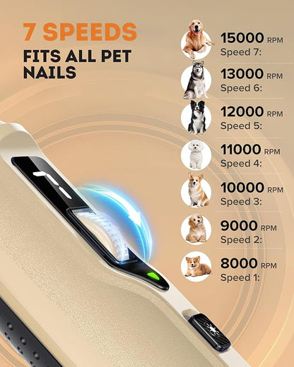 YABIFE 7-Speed Pet Nail Grinder with Light – Heavy Duty, Whisper Quiet Nail Trimmer for Dogs, Cats, Birds &amp; Small Animals – Single-Handed Operation