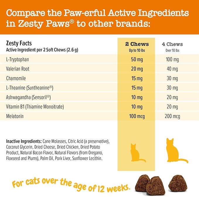 Zesty Paws Calming Chews for Cats - Composure &amp; Relaxation for Everyday Stress &amp; Separation - with Ashwagandha, Organic Chamomile, L-Theanine &amp; L-Tryptophan – Bacon - 60 Count - Cat