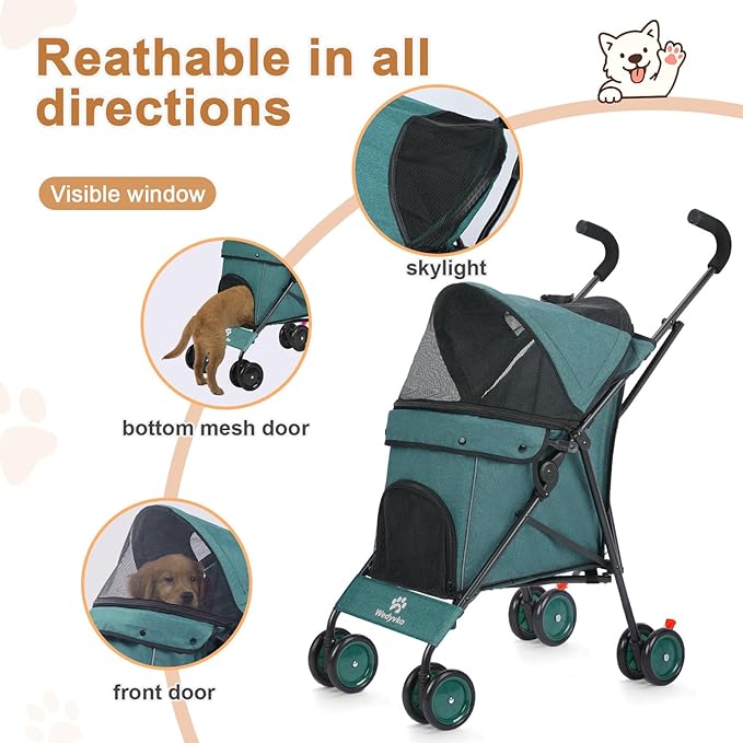 Umbrella Dog Stroller, 4 Wheels Pet Strolling, Foldable Carrier Pet Stroller for Small Dogs Cats, with Carrying Strap and Cup Holder, Dog Poop Bags &amp; Dispenser, Up to 33 lbs, Dark Green