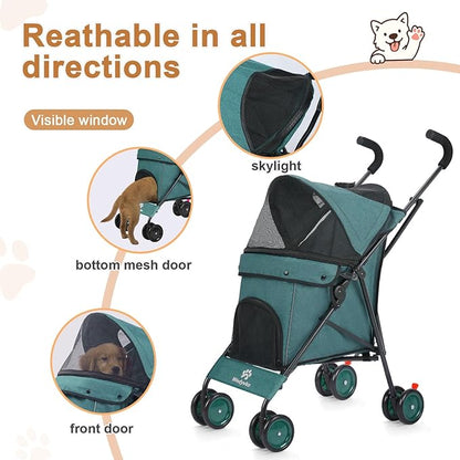 Umbrella Dog Stroller, 4 Wheels Pet Strolling, Foldable Carrier Pet Stroller for Small Dogs Cats, with Carrying Strap and Cup Holder, Dog Poop Bags &amp; Dispenser, Up to 33 lbs, Dark Green