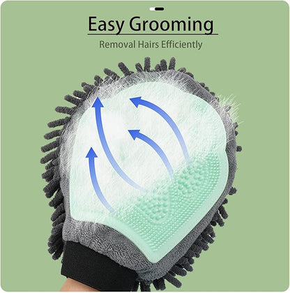 Dual Sided Pet Grooming Glove with Rubber Paw - 2-in-1 Grooming Glove | Fun Dogs &amp; Cats Grooming Tool for Brushing, Massaging, and Scrubbing | Chenille Fabric Side Acts as Pet Bathing(Green)