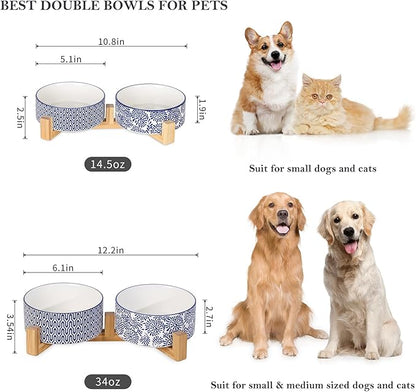 Selamica Ceramic 14 OZ Dog Bowls, Dog Food and Water Bowls with Wooden Stand, Anti-Slip Dog Dishes Set for Cats &amp; Small Dogs, Weighted Pet Bowls Set of 2, Vintage Blue B