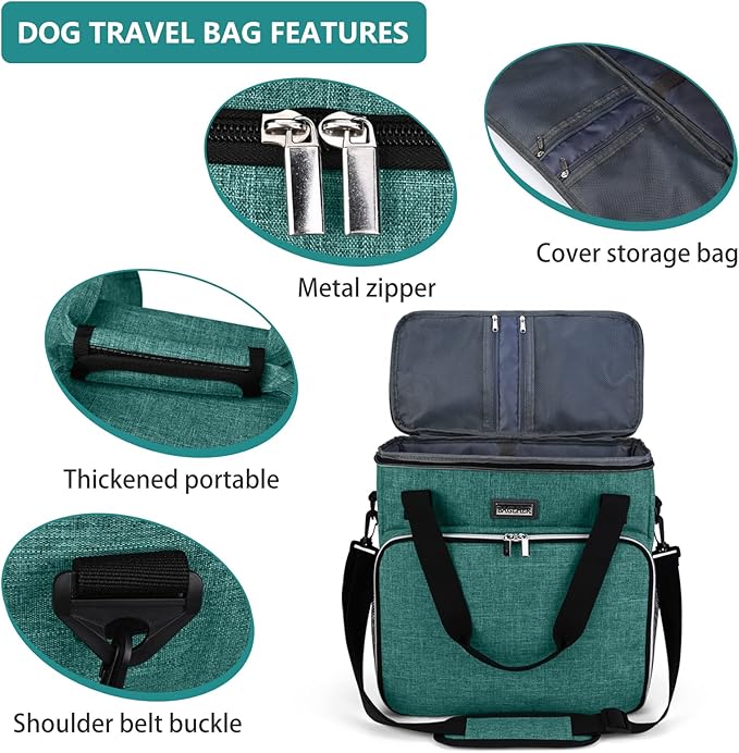 BAGLHER Pet Travel Set Airline-Approved Carrier for Small/Medium Cats &amp; Dogs + Travel Bag with Food Containers &amp; Silicone Bowls, Grey &amp; Green