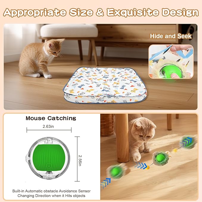 Rocfish Interactive Cat Toys Ball - Automatic Fast Rolling Ball in Play Mat, Hide and Seek Mouse Catching Game, Low-Noise Cat Enrichment Toys in Pouch for Indoor Bored Cats (Green Toy &amp; Square Mat)
