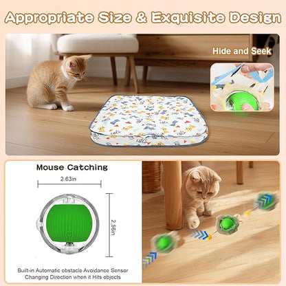 Rocfish Interactive Cat Toys Ball - Automatic Fast Rolling Ball in Play Mat, Hide and Seek Mouse Catching Game, Low-Noise Cat Enrichment Toys in Pouch for Indoor Bored Cats (Green Toy &amp; Square Mat)