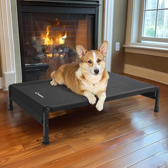 Veehoo Cooling Outdoor Dog Bed, Heavy Duty Elevated Pet Bed with Washable &amp; Breathable Teslin Mesh, Non-Slip Silicon Feet, Dog Cot Bed with Support Hem, 35" x 22", Black, CWC2433