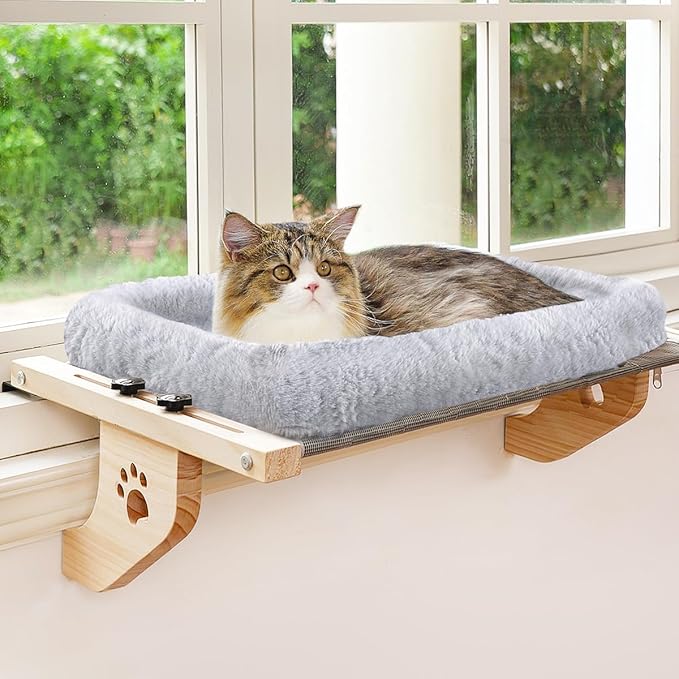 AMOSIJOY Cat Sill Window Perch Sturdy Hammock Window Seat with Cushion Cover, Wood &amp; Metal Frame for Large Cats, Easy to Adjust Cat Bed for Windowsill, Bedside, Drawer and Cabinet (L)