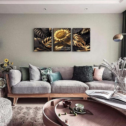 Yxbhhym Bathroom Wall Art Décor Black and Gold Leaf Poster Art Prints Sunflower Canvas Wall Art Paintings Flower Wall Pictures for living room Hallway Décor office Bedroom Decorations