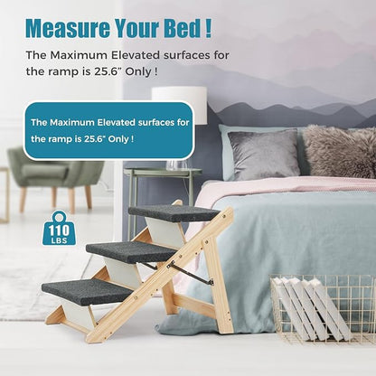 MEWANG Wood Pet Stairs &amp; Ramp for Small/Medium Dogs and Cats, Aging Pets – 3-in-1 Foldable, Portable, Non-Slip Pet Ladder for Tall Beds, Couches,Cars–Holds Up to 220 lbs (24.8" L x 17.2" W x 19.5" H)