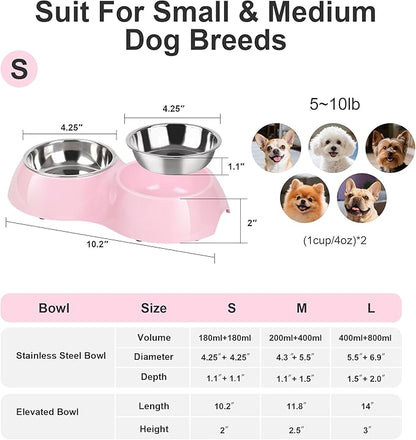 Stainless Steel Dog Bowls Set – Dual Non-Slip Pet Dishes with 2 Small (4oz*2) Bowls &amp; Durable Resin Stand,Food &amp; Water Feeder for Puppies, Kittens, and Small Breed Dogs– Pink