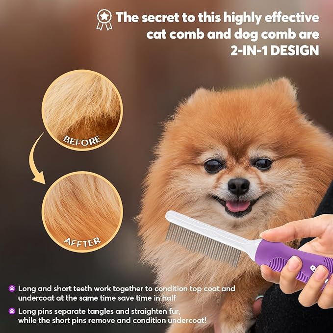 Detangling Pet Comb for Dogs &amp; Cats with Long &amp; Short Stainless Steel Metal Teeth for Removes Tangles and Knots - Detangler Grooming Tool for Dematting Matted Fur.