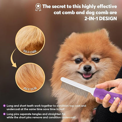 Detangling Pet Comb for Dogs &amp; Cats with Long &amp; Short Stainless Steel Metal Teeth for Removes Tangles and Knots - Detangler Grooming Tool for Dematting Matted Fur.