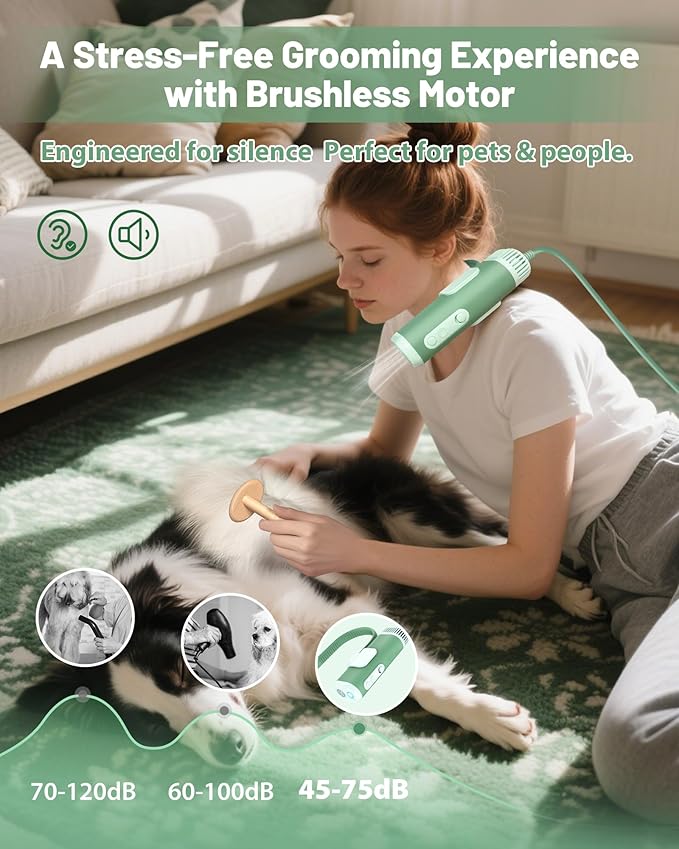 Hands-Free Dog Hair Dryer – Low Noise Pet Grooming Blower for Small &amp; Medium Dogs Cats, Fast Drying, Adjustable Heat &amp; Speed, Portable (Green)