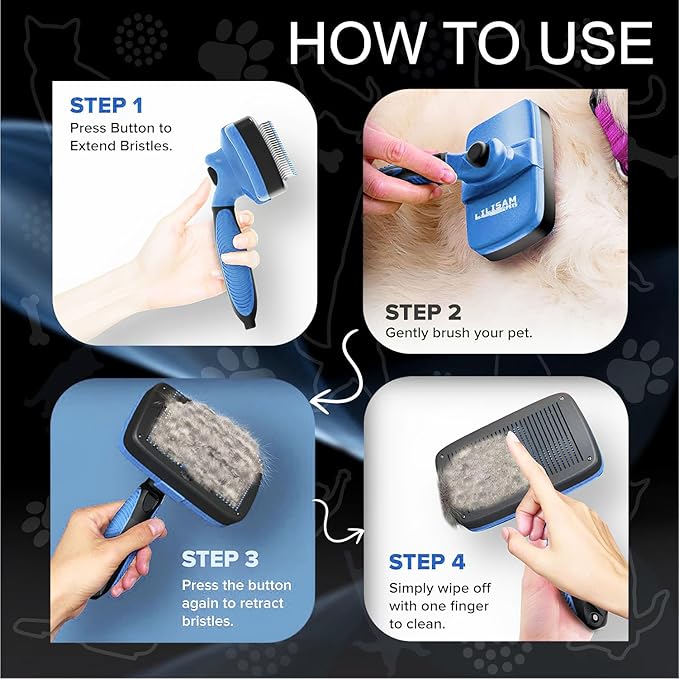 Pet Self Cleaning Slicker Brush and Grooming Comb - Gently Removes Loose Hair, Tangles, and Dirt - Skin Friendly Deshedding Grooming Tool for Hair Dogs &amp; Cats - Pet Supplies Accessories (Blue)