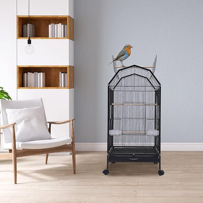 40-Inch Wrought Iron Bird Cage with Open-Top and Rolling Stand, Movable Parrot Cage Pet Bird Flight Cage, 360 Degree View Spacious Interactive Roof Pet Bird House for Medium&amp;Small Birds