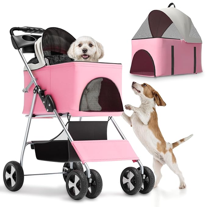 Magshion Foldable Pet Stroller, 3-in-1 Dog Travel Jogger with Detachable Carrier, Cup Holder, Storage Basket, Folding Carrier for Small/Medium Dogs &amp; Cats Up to 33 lbs, Pink