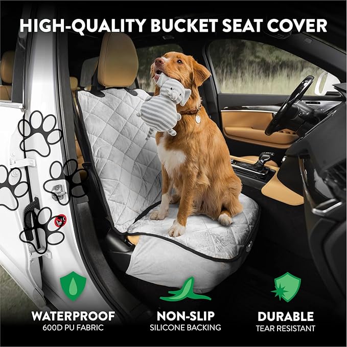 Plush Paws Products Premium Bucket Car Seat Protector | Diamond Stitching | Washable &amp; Waterproof Front Seat Dog Cover Car, Truck, &amp; SUV | Nonslip, Tear Resistant Pet Passenger Seat Cover | Grey