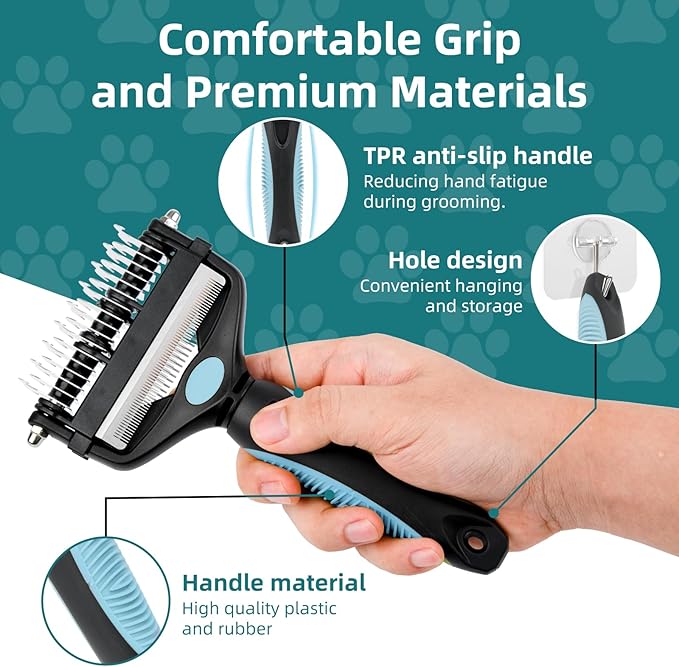 3-IN-1 Pet Grooming Tool - Undercoat Rake, Dematting Comb &amp; Deshedding Brush for Cats &amp; Dogs - Removes Mats, Tangles &amp; Loose Fur, Reduces Shedding &amp; Prevents Hair Mess (Blue)