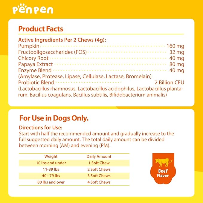 Penpen Probiotics for Dogs, Dogs Probiotics for Digestive Health, Multi-Probiotic and Enzyme Blend Promote Gut Health &amp; Immune Support, Eases Sensitive Stomachs (Beef Chews, 180ct)