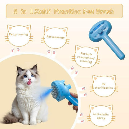 5-in-1 Pet Steam Brush for Cats &amp; Dogs – Grooming, Shedding, Massage &amp; One-Touch Clean for Short &amp; Long Hair Pets – Electric Cat Brush with Comb &amp; Steam (Blue)
