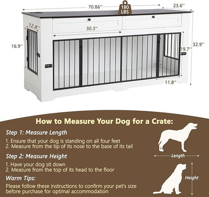 Large Dog Crate Furniture-Decorative Heavy Duty Dog Cage Indoor, Wooden Dog Cage End Table with Charging Station, Dog House with 2 Drawers (White, 70.86&