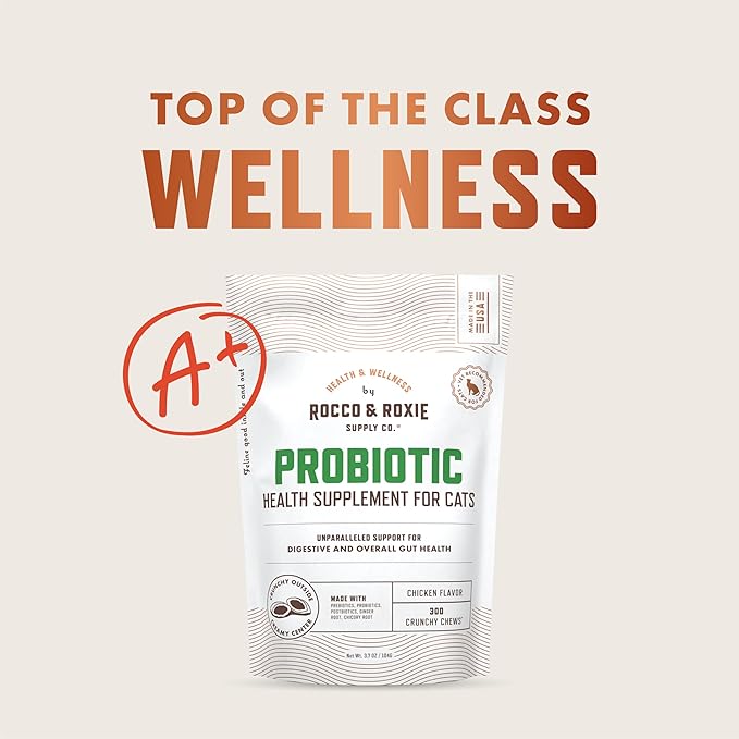 Rocco &amp; Roxie Cat Probiotic Health Supplement for Cats, Prebiotic and Postbiotic for Digestive + Gut Support, Constipation Relief, Anti Diarrhea, Supplements &amp; Vitamins, Chicken Flavored Crunchy Chews