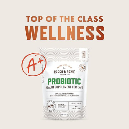 Rocco &amp; Roxie Cat Probiotic Health Supplement for Cats, Prebiotic and Postbiotic for Digestive + Gut Support, Constipation Relief, Anti Diarrhea, Supplements &amp; Vitamins, Chicken Flavored Crunchy Chews