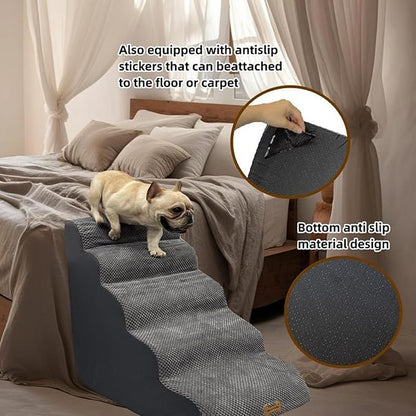 5-Step Dog Stairs for 30 Inch High Beds &amp; 20-30 Inch Couch Bed, Non-Slip Balanced Indoor Pet Ramp Stairs for Small Old Large Dogs Cats to Get on Bed 30D