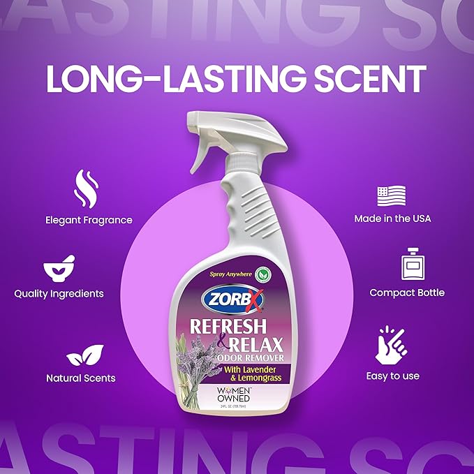 ZORBX Lavender &amp; Lemongrass Spray, 24 Oz - All-Purpose Deodorizer, Refreshes Fabric, Removes Strong Odors, Perfect for Home, Car, Gym, Laundry
