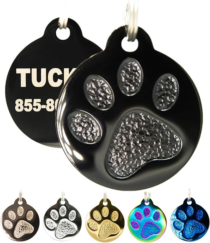 Engraved Pet Tag for Dogs and Cats - Personalized Front &amp; Back up to 4 Lines of Text Custom Engraved ID, Round Paw Print Solid Plating Stainless Steel Black Small