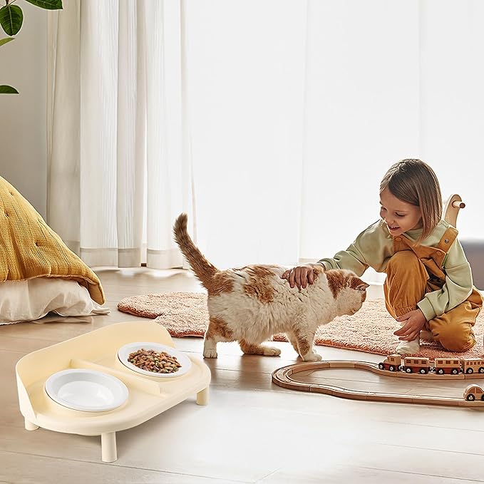 Elevated Cat Bowls, Tilted Rised Cat Food and Water Bowl with 2 Pcs Ceramic Pet Bowls, Rised Stand, Pet Dish Anti Vomiting Feeding Station for All Sized Cats &amp; Small Dogs (Milk Coffee)