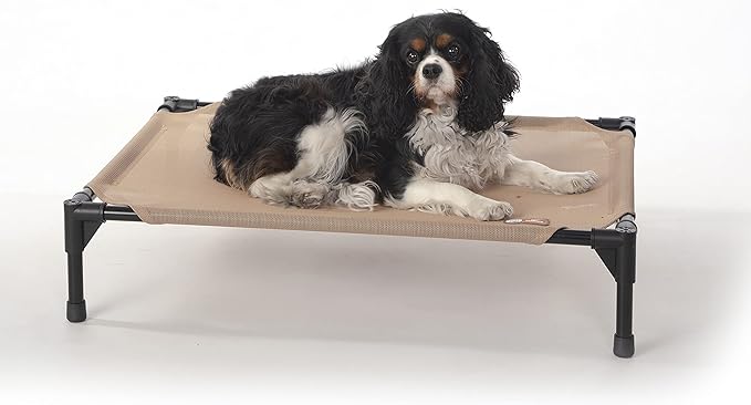 K&amp;H Pet Products Cooling Elevated Dog Bed, Outdoor Raised Cot with Waterproof Breathable Mesh for Medium Dogs, Portable Place Bed with Heavy-Duty Metal Frame &amp; Hammock Style Cover - Medium Tan