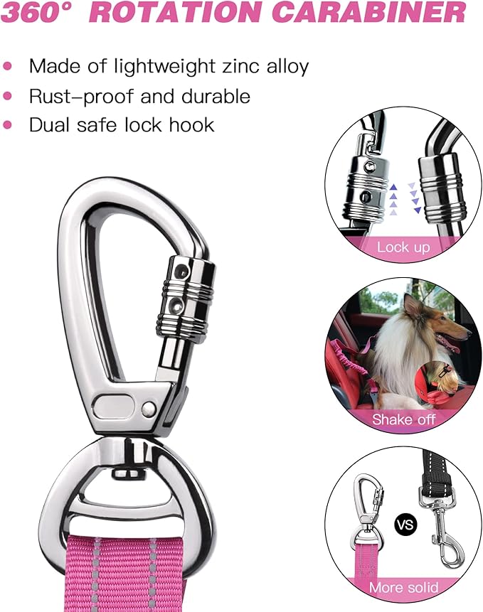 AUBELL Dog Seat Belt for Car,Updated 3-in-1 Adjustable Reflective Bungee Heavy Duty Dog Car Harness Tether with Clip Hook Latch &amp; Buckle,Swivel Zinc Alloy Carabiner,Hotpink