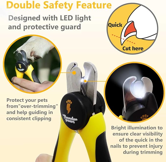 LED Dog Nail Clippers with Light, Trimmers with Protective Guard, Quick Sensor, Safety Lock and Nail File - Suitable for Large and Small Dogs &amp; Cats (Yellow, LED)