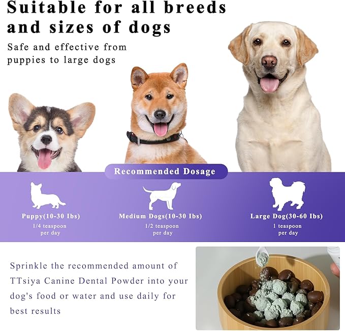 Dog Teeth Cleaning Powder, Pet Dental Powder -Dental Care, Dogs Breath Freshener with Probiotics for Tartar &amp; Reduces Plaque &amp; Bad Breath Teeth Cleaning for Small, Medium, Large Dogs 100g