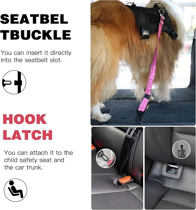 AUBELL Dog Seat Belt for Car,2 Pack Set 3-in-1 Adjustable Reflective Bungee Heavy Duty Dog Car Harness Tether with Clip Hook Latch &amp; Buckle,Swivel Zinc Alloy Carabiner,Black+Hotpink