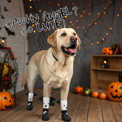 EXPAWLORER Halloween Anti Slip Dog Socks to Prevent Licking Paws, Boots &amp; Paw Protectors with Grippers,Doggie Booties for Hardwood Floors for Small Medium Large Senior Dogs Costume White Ghost Wings S