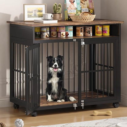 39.4" Dog Crate Furniture for Medium and Large Breed, Dog Kennel Furniture with Storage Shelf &amp; Lockable Wheels, Heavy Duty Wooden End Side Table Pet Cage Indoor, Chew-Resistant, Brown