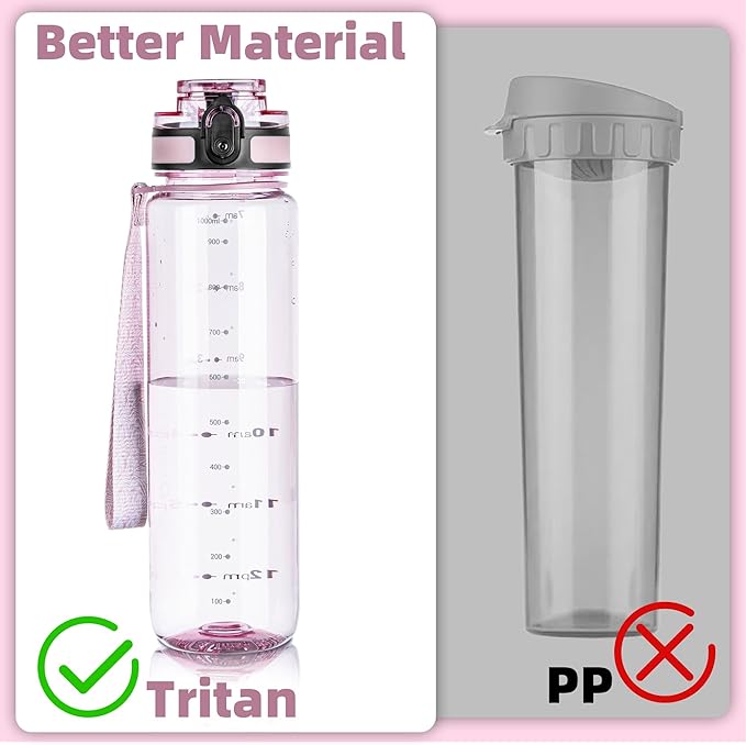 OLDLEY 32 oz Water Bottle, Motivational Water Bottle with Time Marker, Sports Water Bottle With Strap, Leakproof &amp; BPA Free Large Water Bottles for School, Gym, Travel, Tritan, Transparent Pink