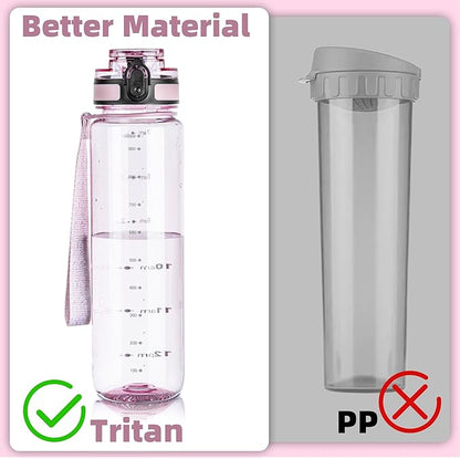 OLDLEY 32 oz Water Bottle, Motivational Water Bottle with Time Marker, Sports Water Bottle With Strap, Leakproof &amp; BPA Free Large Water Bottles for School, Gym, Travel, Tritan, Transparent Pink