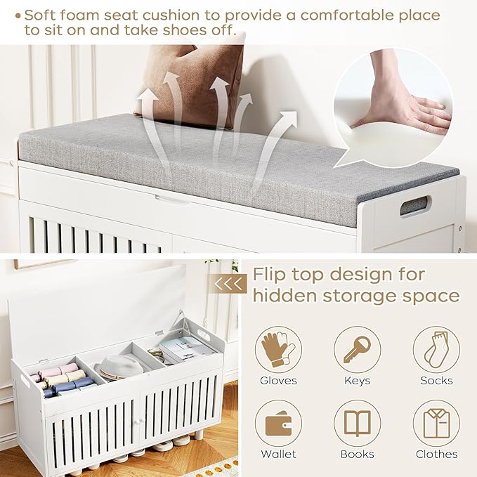 Storage Bench, Bamboo Shoe Bench with Padded Seat Cushion &amp; 2 Doors, 2-Tier Entryway Bench with Lift Top Hidden Storage, 35.4" W x 12.6" D x 19.7" H, Shoe Rack Cabinet for Entryway, Living Room, White